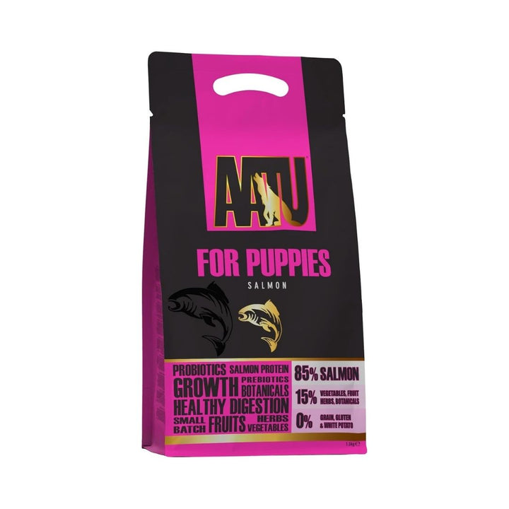 AATU For Puppies Salmon Dry Puppy Food front packaging showcasing 85% salmon, grain-free formula, and SUPER-8 blend. Available in Dubai and UAE at Petz.ae. 1.5kg Bag New Look