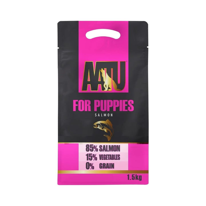 AATU For Puppies Salmon Dry Puppy Food front packaging showcasing 85% salmon, grain-free formula, and SUPER-8 blend. Available in Dubai and UAE at Petz.ae. 1.5kg Bag