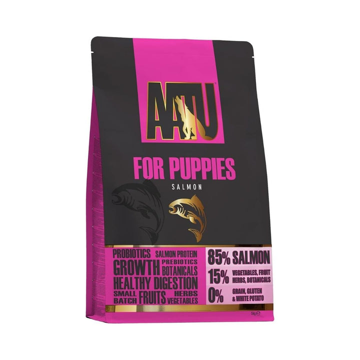 AATU For Puppies Salmon Dry Puppy Food front packaging showcasing 85% salmon, grain-free formula, and SUPER-8 blend. Available in Dubai and UAE at Petz.ae. 5kg Bag New Look