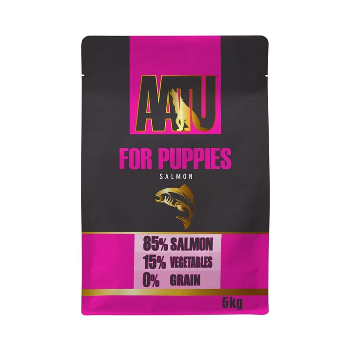 AATU For Puppies Salmon Dry Puppy Food front packaging showcasing 85% salmon, grain-free formula, and SUPER-8 blend. Available in Dubai and UAE at Petz.ae. 5kg Bag