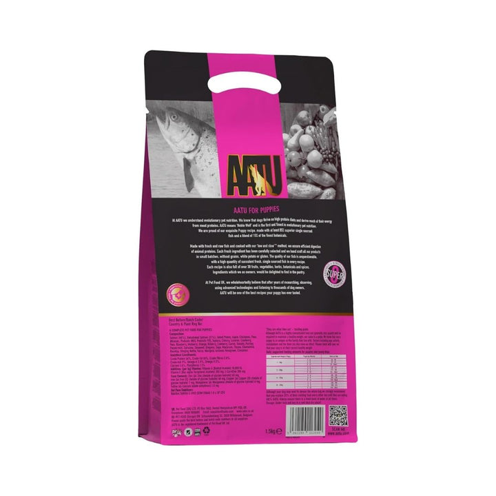 Back packaging of AATU For Puppies Salmon Dry Puppy Food with feeding instructions, nutritional details, and ingredient list. Premium grain-free puppy food in Dubai and UAE.