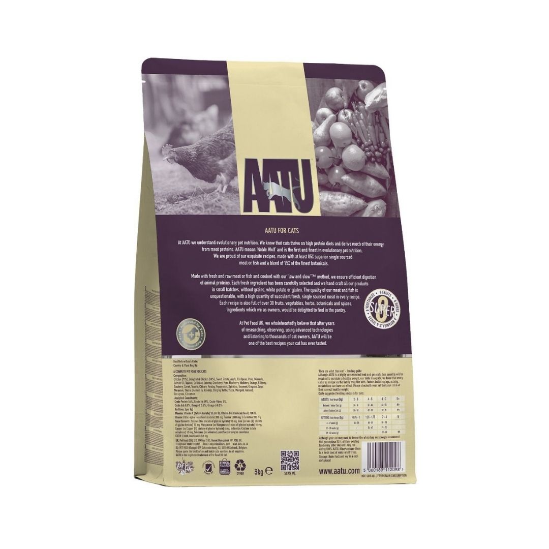 Back packaging of AATU Free Run Chicken Dry Cat Food with feeding instructions, nutritional details, and ingredient list. Premium grain-free cat food in Dubai and UAE.