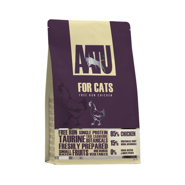 AATU Free Run Chicken Dry Cat Food 3kg front packaging showcasing 85% free-run chicken, grain-free formula, and SUPER-8 blend. Available in Dubai and UAE at Petz.ae.