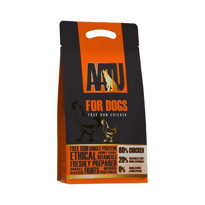 AATU Free Run Chicken Dry Dog Food front packaging showcasing 80% fresh chicken, grain-free formula, and SUPER-8 blend. Available in Dubai and UAE at Petz.ae. 1.5kg New Look