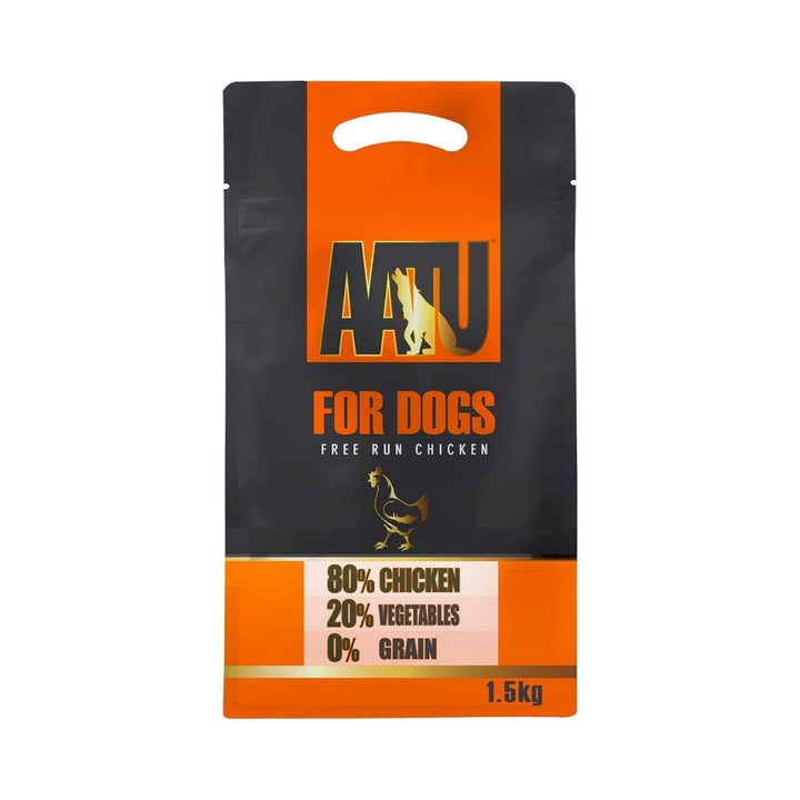 AATU Free Run Chicken Dry Dog Food front packaging showcasing 80% fresh chicken, grain-free formula, and SUPER-8 blend. Available in Dubai and UAE at Petz.ae. 1.5kg