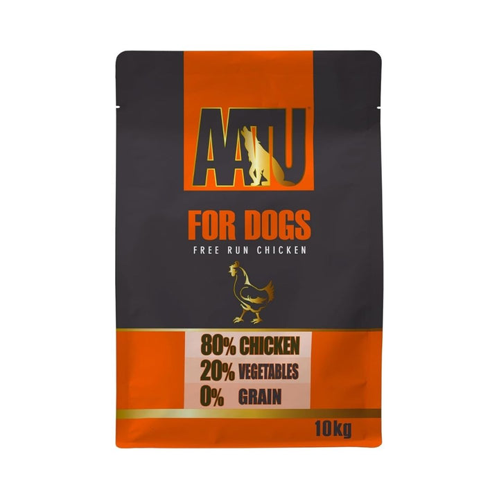 AATU Free Run Chicken Dry Dog Food front packaging showcasing 80% fresh chicken, grain-free formula, and SUPER-8 blend. Available in Dubai and UAE at Petz.ae. 10kg New Look