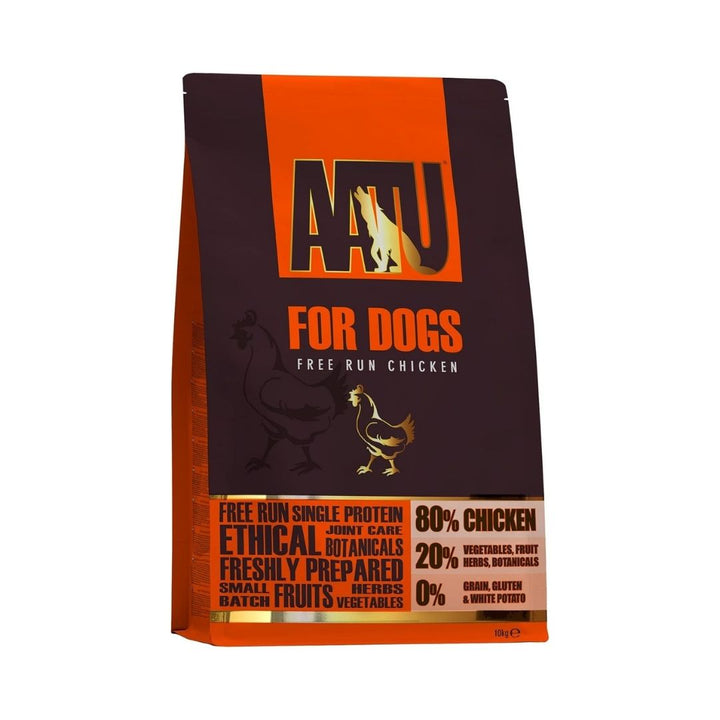 AATU Free Run Chicken Dry Dog Food front packaging showcasing 80% fresh chicken, grain-free formula, and SUPER-8 blend. Available in Dubai and UAE at Petz.ae. 10kg New Look