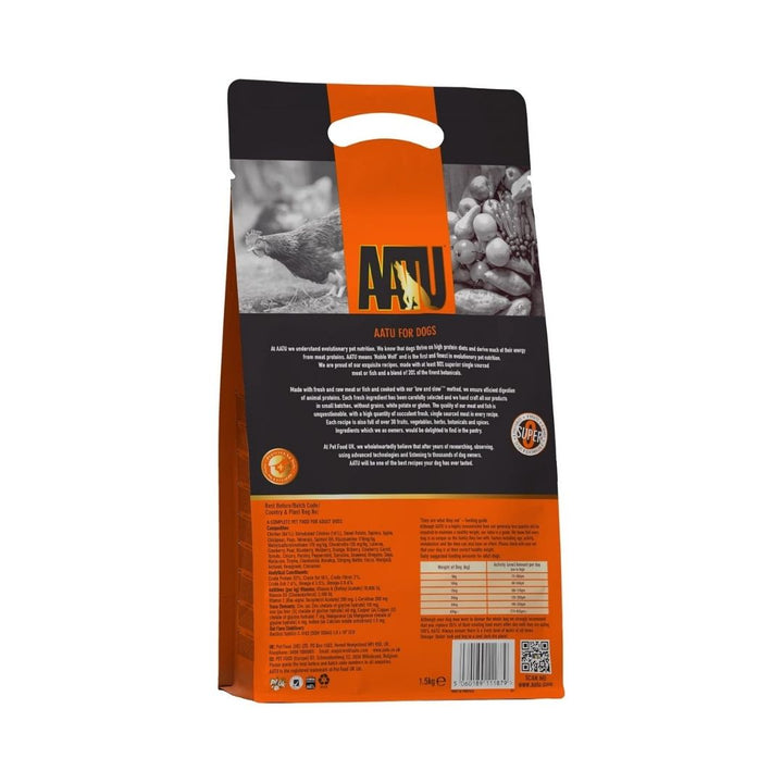 Back packaging of AATU Free Run Chicken Dry Dog Food with feeding guidelines, nutritional information, and ingredient list. Premium grain-free dog food in Dubai and UAE.