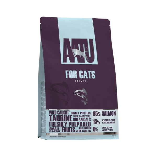 AATU Free Run Salmon Dry Cat Food 3kg front packaging showcasing 85% salmon, grain-free formula, and SUPER-8 blend. Available in Dubai and UAE at Petz.ae.