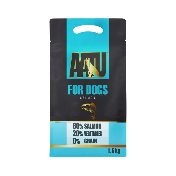 AATU Free Run Salmon Dry Dog Food front packaging showcasing 80% salmon content, grain-free formula, and SUPER-8 blend. Available in Dubai and UAE at Petz.ae - 1.5kg.