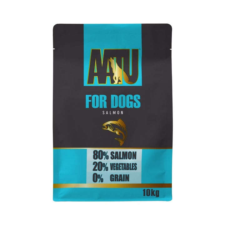 AATU Free Run Salmon Dry Dog Food front packaging showcasing 80% salmon content, grain-free formula, and SUPER-8 blend. Available in Dubai and UAE at Petz.ae - 10kg.