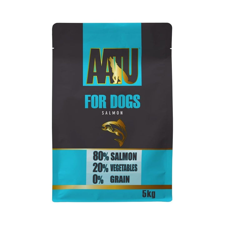 AATU Free Run Salmon Dry Dog Food front packaging showcasing 80% salmon content, grain-free formula, and SUPER-8 blend. Available in Dubai and UAE at Petz.ae - 5kg.