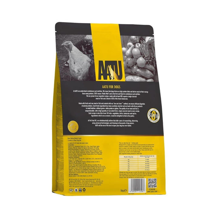 Back packaging of AATU Free Run Turkey Dry Dog Food displaying nutritional information, ingredients, and feeding guidelines. Premium grain-free dog food available in Dubai and UAE.