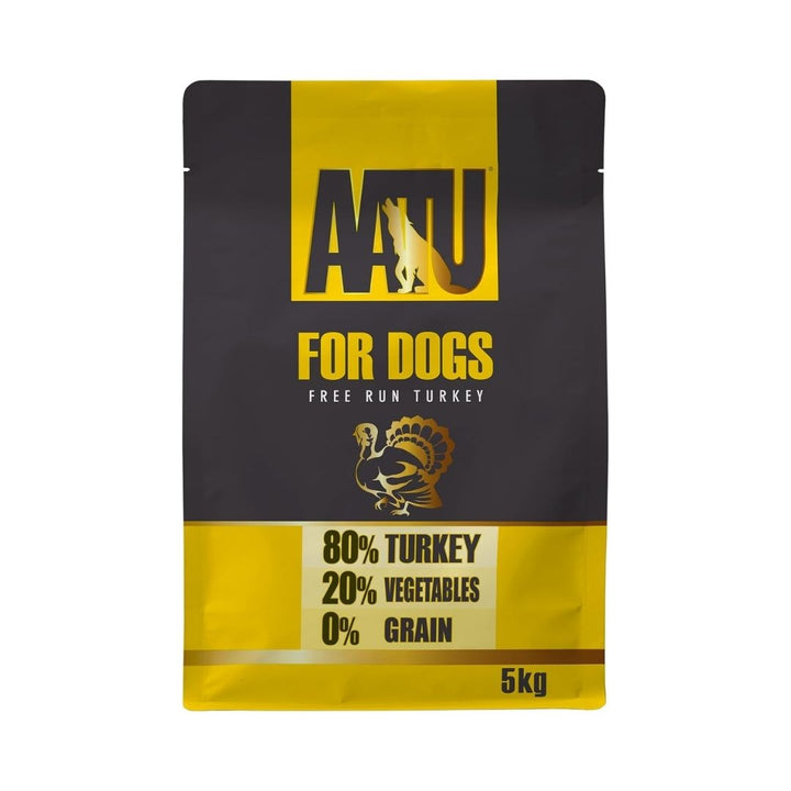 AATU Free Run Turkey Dry Dog Food front packaging showcasing 80% turkey content, grain-free formula, and SUPER-8 blend. Available in Dubai and UAE at Petz.ae. 5kg Bag