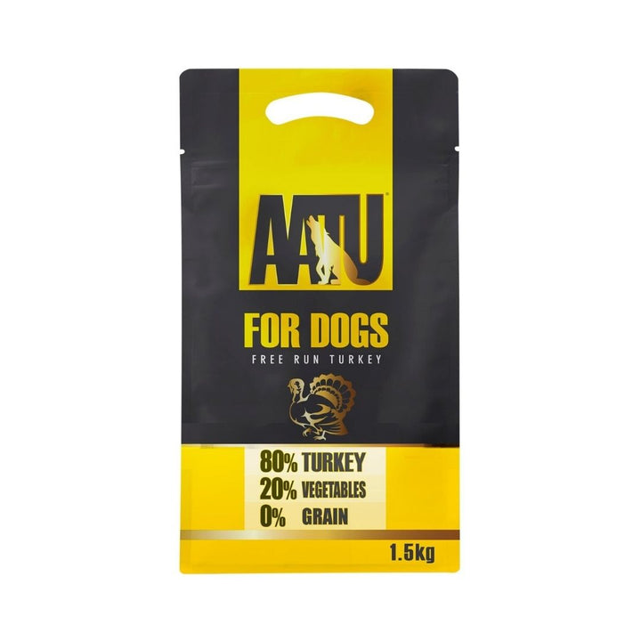 AATU Free Run Turkey Dry Dog Food front packaging showcasing 80% turkey content, grain-free formula, and SUPER-8 blend. Available in Dubai and UAE at Petz.ae. 1.5kg