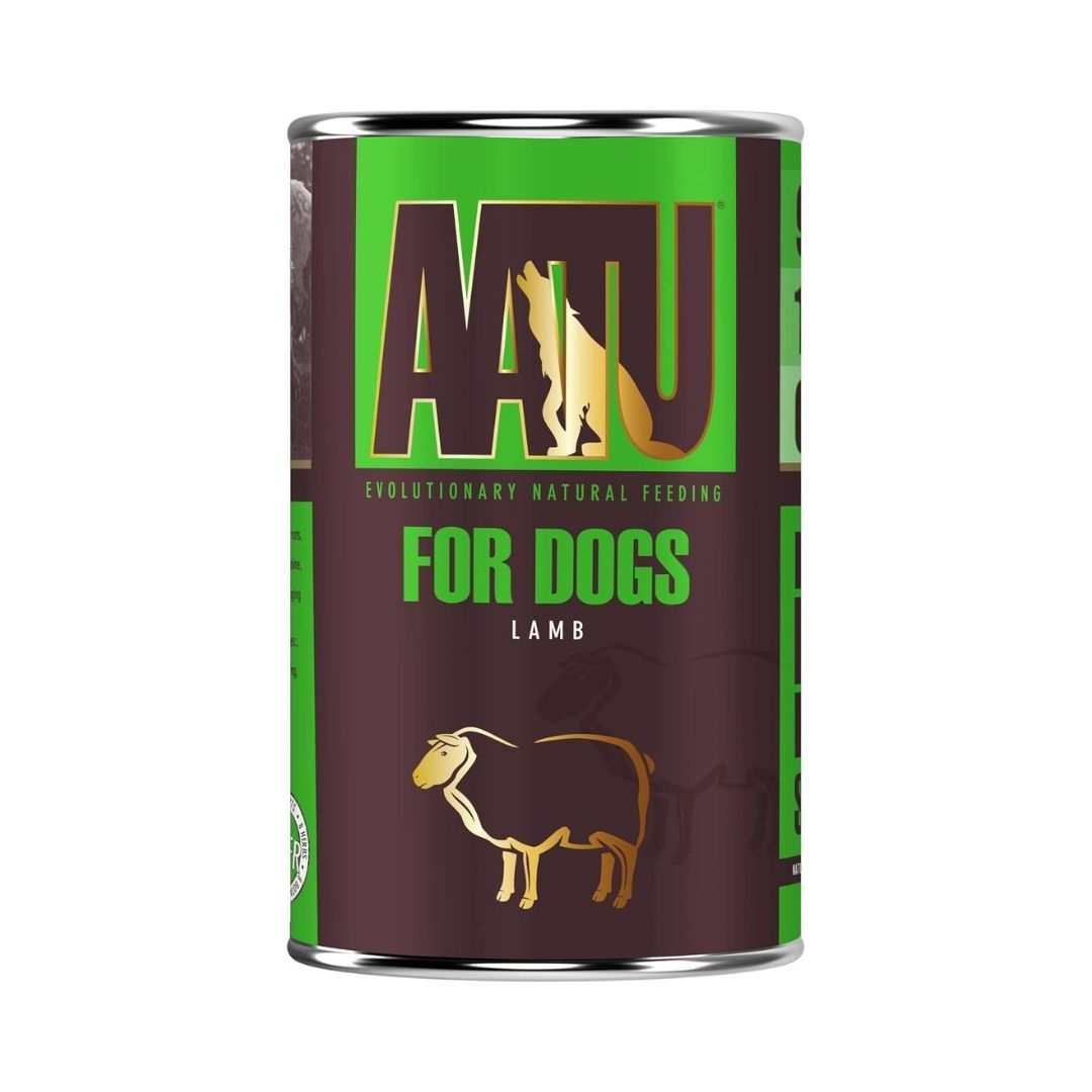 AATU Lamb Wet Dog Food 400g front packaging showcasing 90% lamb, grain-free formula, and SUPER-8 blend. Available in Dubai and UAE at Petz.ae.