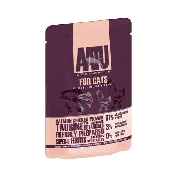 AATU Salmon Chicken &amp; Prawn Wet Cat Food 85g front packaging showcasing 97% salmon, chicken, and prawn, grain-free formula, and SUPER-8 blend. Available in Dubai and UAE at Petz.ae.