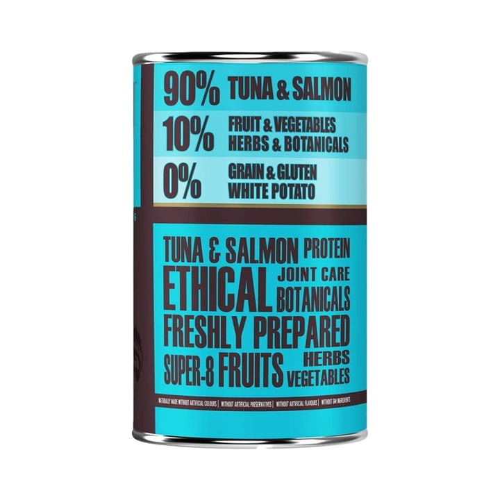 Back packaging of AATU Tuna & Salmon Wet Dog Food with feeding instructions, nutritional details, and ingredient list. Premium grain-free wet dog food in Dubai and UAE.