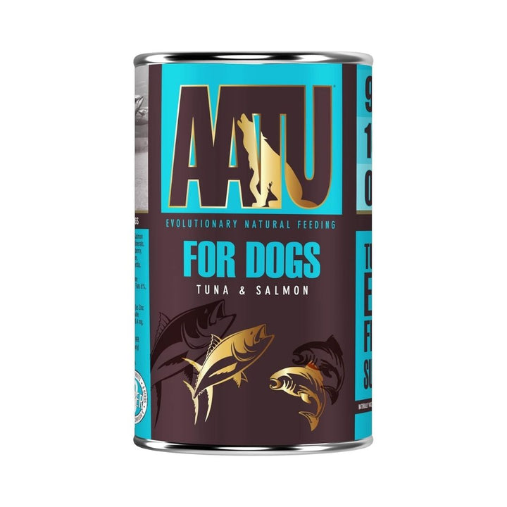 AATU Tuna & Salmon Wet Dog Food 400g front packaging showcasing 90% tuna and salmon, grain-free formula, and SUPER-8 blend. Available in Dubai and UAE at Petz.ae.