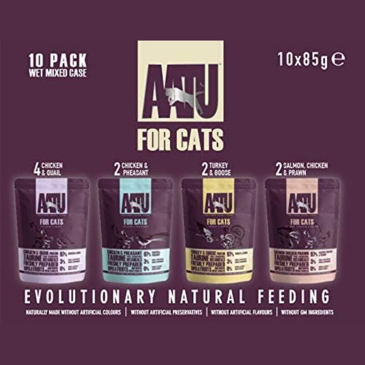 AATU Wet Cat Food Multipack front packaging showcasing 97% meat content, grain-free formula, and SUPER-8 blend. Available in Dubai and UAE at Petz.ae.