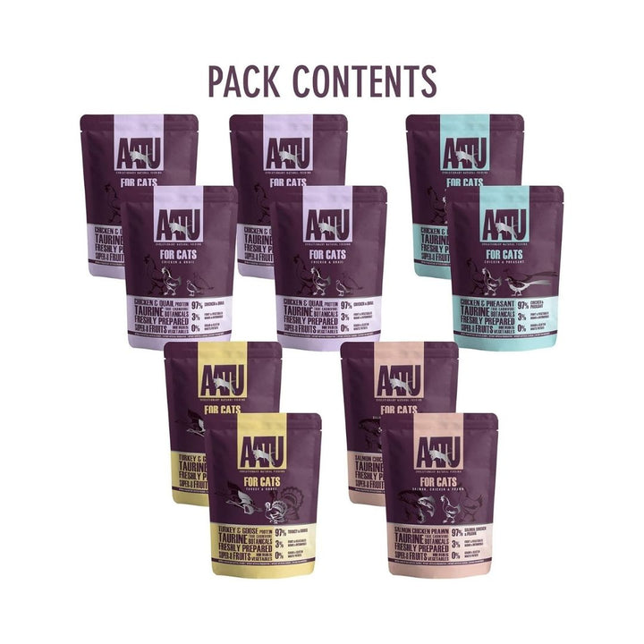 AATU Wet Cat Food Multipack front packaging showcasing 97% meat content, grain-free formula, and SUPER-8 blend. Available in Dubai and UAE at Petz.ae.