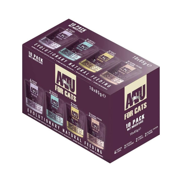 AATU Wet Cat Food Multipack front packaging showcasing 97% meat content, grain-free formula, and SUPER-8 blend. Available in Dubai and UAE at Petz.ae.