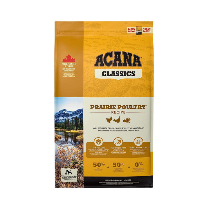 Acana Prairie Poultry Medium Breed Adult Dry Dog Food is made with meat-based vegetables, fruit, and nutrient ingredients that mimic your dog's natural diet.