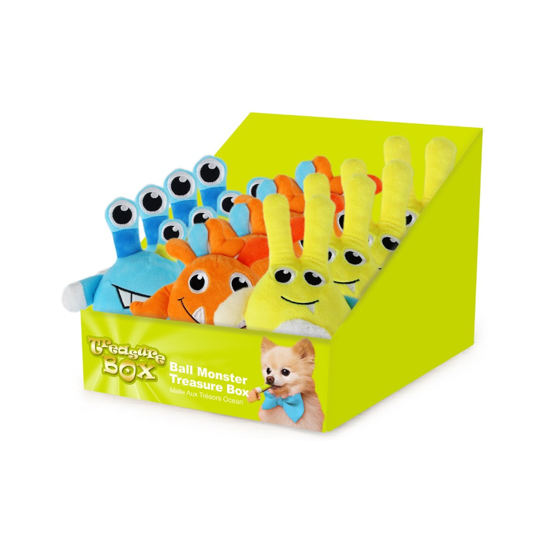 All For Paws Ball Monster Treasure Box Assorted contains 24 dog toys with different textures, colors, and sounds that will entertain your furry friend for hours.