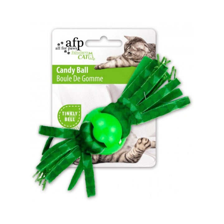 All For Paws Candy Ball - a fun and exciting toy for cats! This ball is filled with catnip and includes a tinkly bell inside, keeping your feline friend entertained and engaged- Green. 