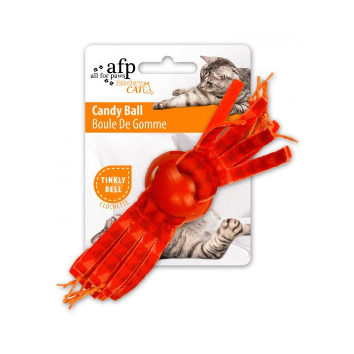 All For Paws Candy Ball - a fun and exciting toy for cats! This ball is filled with catnip and includes a tinkly bell inside, keeping your feline friend entertained and engaged - Orange. 