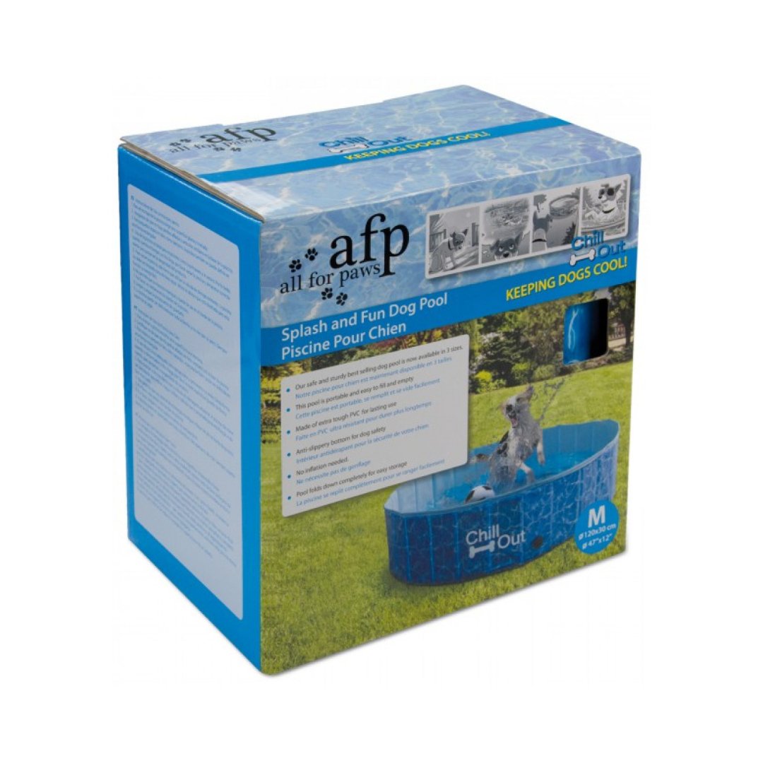 All For Paws splash and fun dog swiming pool. Made from durable PVC, this pool is built to last and folds down easily for convenient storage Medium Size Box.