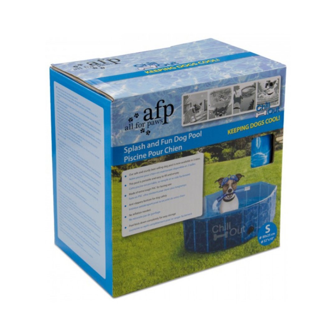 All For Paws splash and fun dog swiming pool. Made from durable PVC, this pool is built to last and folds down easily for convenient storage Small Size Box.