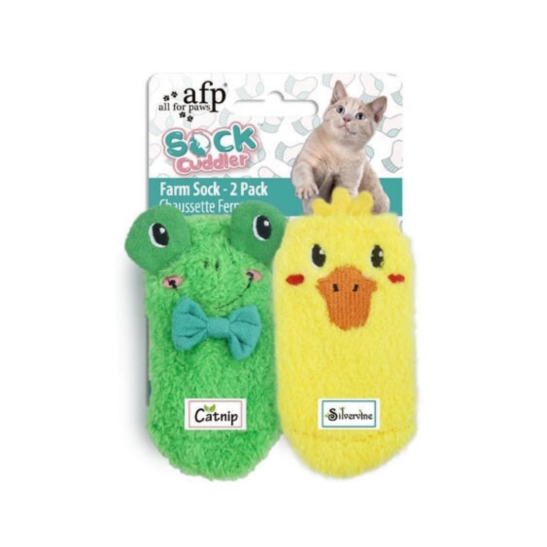 All For Paws Cuddler Farm Sock Cat Toy is a set of 2 designed in the shape of socks that your cat will love. It comes with a catnip inside to entice your furry friend further
