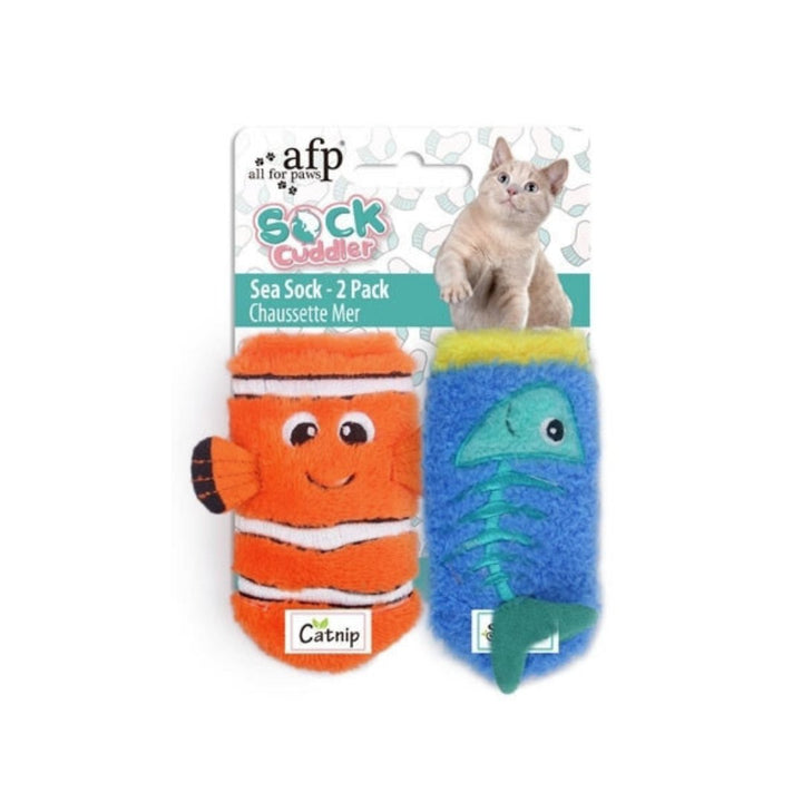 All For Paws Cuddler Sea Sock Cat Toy is designed in the shape of socks that your cat will love. It comes with a catnip inside to entice your furry friend further.