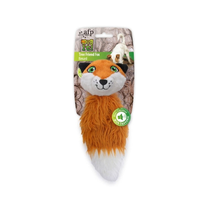 All For Paws Dig It - Tree Friend Fox Dog Toy, a plush dog toy with an embedded squeaker that provides hours of enjoyable playtime for your furry friend.