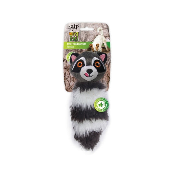 All For Paws Dig It - Tree Friend Raccoon Dog Toy, a plush dog toy with an embedded squeaker that provides hours of enjoyable playtime for your furry friend.