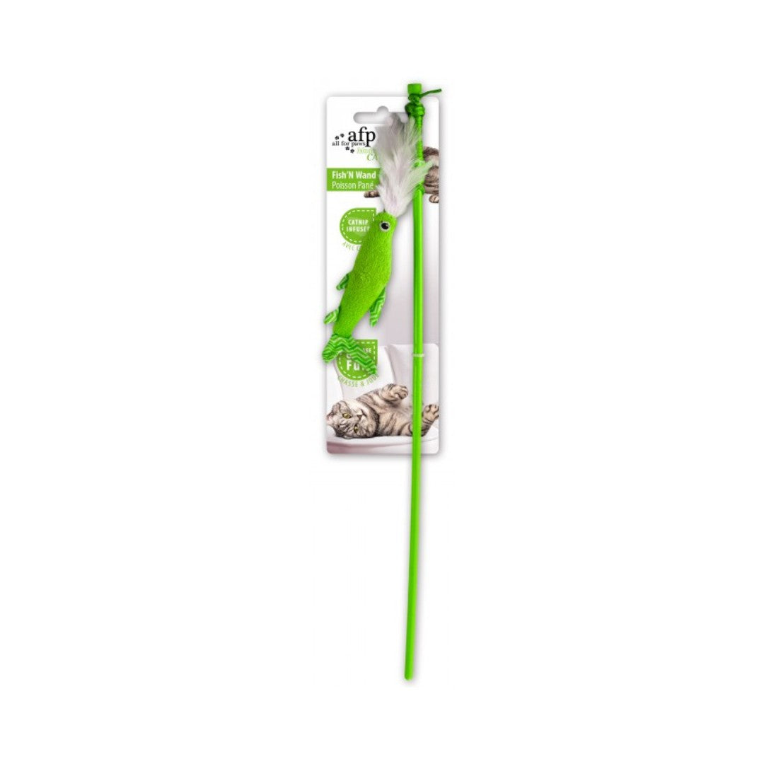 All For Paws Fish'N Wand Cat Toy! Watch as your feline friend leaps, bounds, and chases this fish-shaped toy to their heart's content - Green Color.