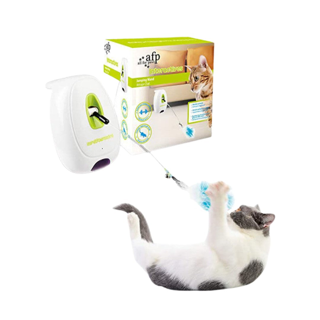 All For Paws Interactive Cat Jumping Wand! It can be easily attached to any table with a feather wand that moves up and down when your cat approaches it.
