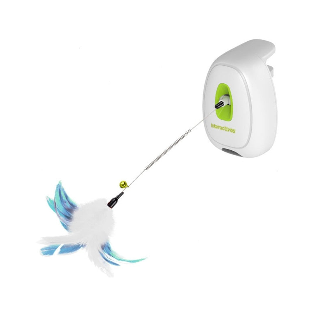 All For Paws Interactive Cat Jumping Wand! It can be easily attached to any table with a feather wand that moves up and down when your cat approaches it.