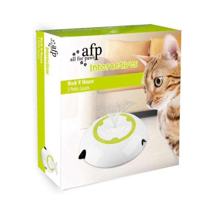 All For Paws Interactive Cat Wack 'A' Mouse Cat Toy comes with three mice that move in and out of the toy with a fiber light on top, making it a sure favorite among cats.