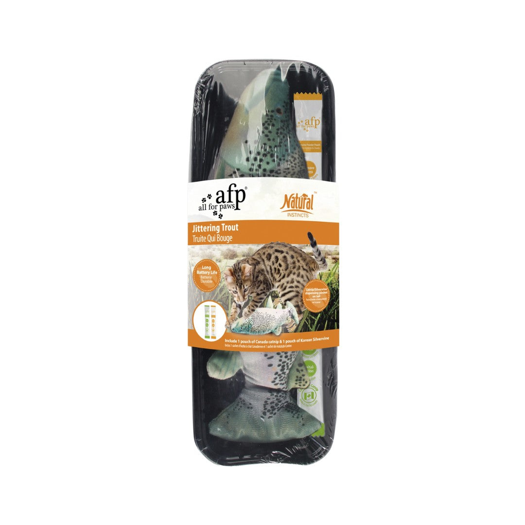 All For Paws Jittering Fish Trout Cat Toys that move exactly like a real fish. These USB rechargeable come with a pack of silvervine and Canadian imported catnip.