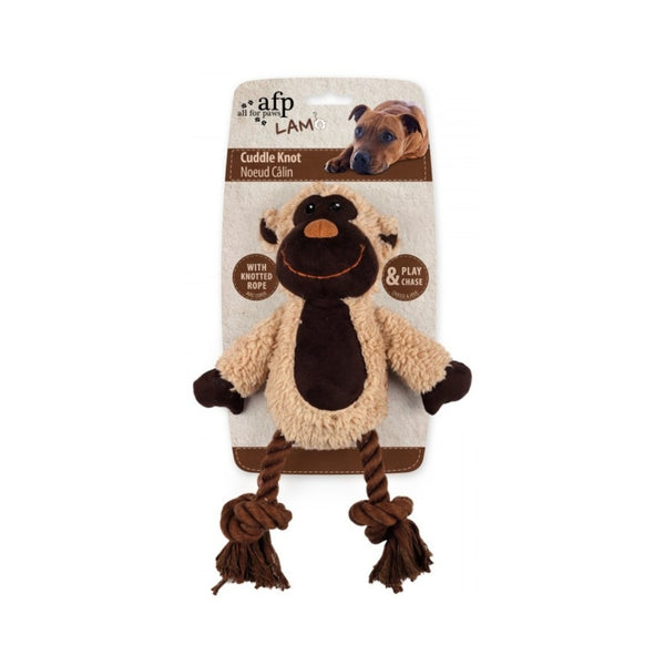 All For Paws Lambswool Cuddle Knot Monkey Dog Toy. This toy is crafted from soft faux suede, lamb plush, and ropes, offering a delightful tactile sensation to your pup. 