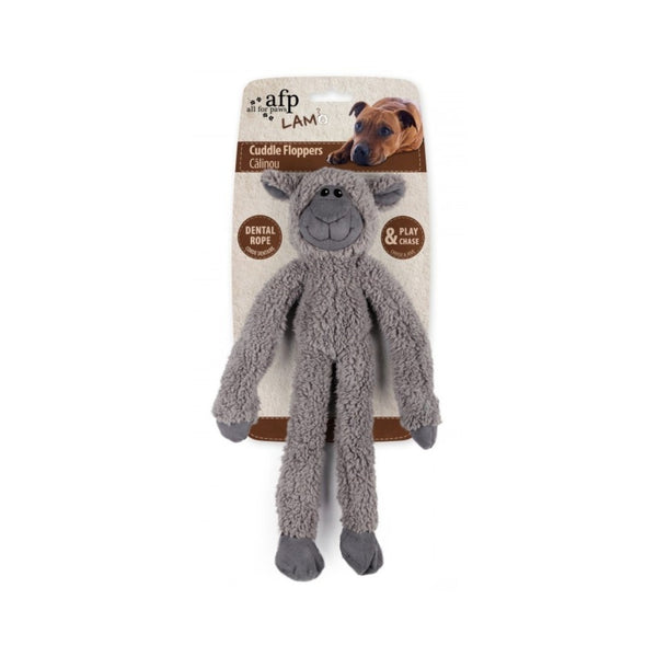 All For Paws Lambswool Cuddle Ropey Flopper is made of soft faux suede, lamb plush, and ropes, providing a fantastic tactile sensation. 