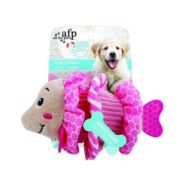 All For Paws Little Buddy Crinkly Lelesea Dog Toy. Its cute, cuddly appearance and crinkle sound will encourage your dog to play and take it along on their adventures.