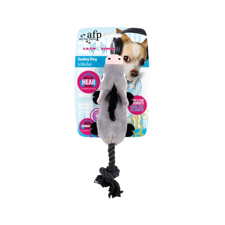 All For Paws Ultrasonic Donkey King Dog Toy provides pets with the same sensation and enjoyment as traditional squeaky toys but without the irritating noise for you.