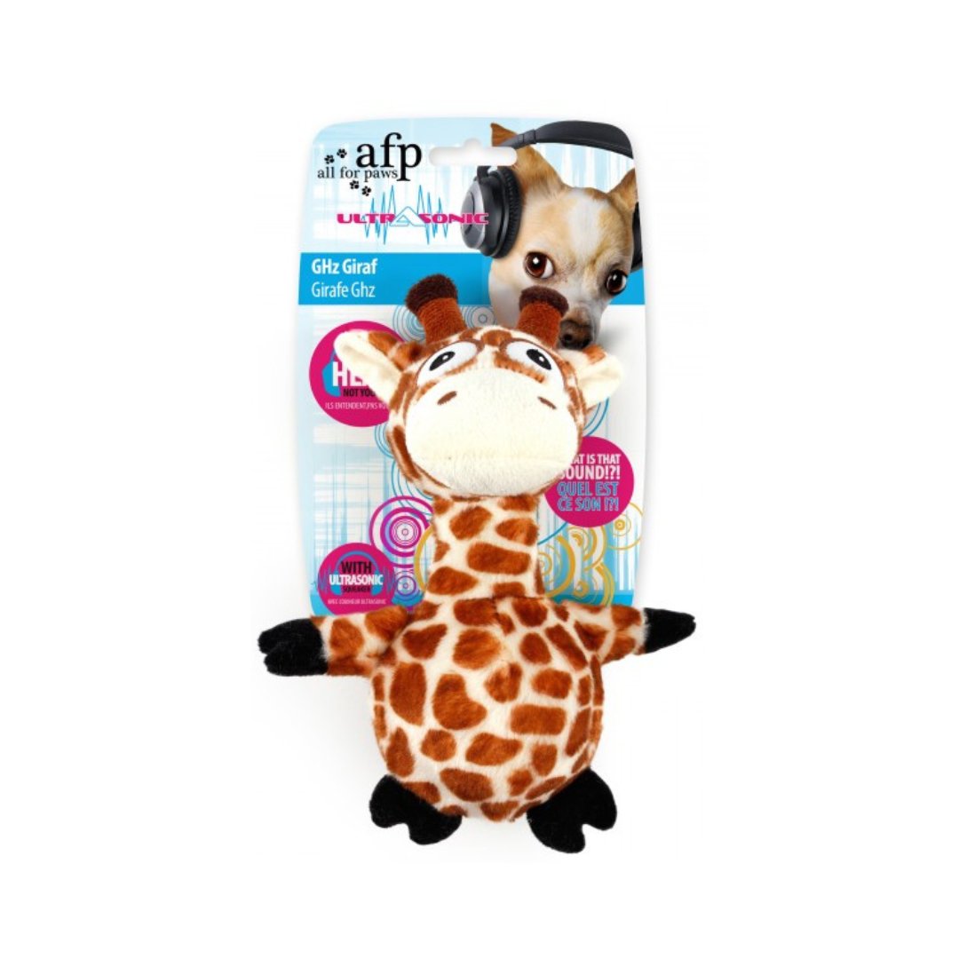 All For Paws Giraf Dog Toy with a GHz that gives your pet the same level of pleasure as traditional squeaky toys but without the annoying noise that can bother you.