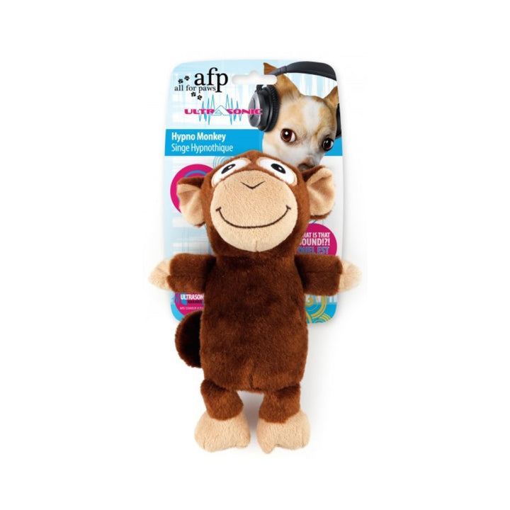All For Paws Ultrasonic Hypno Monkey Dog Toy provides dogs with an ultrasonic squeaker; only dogs can hear it.