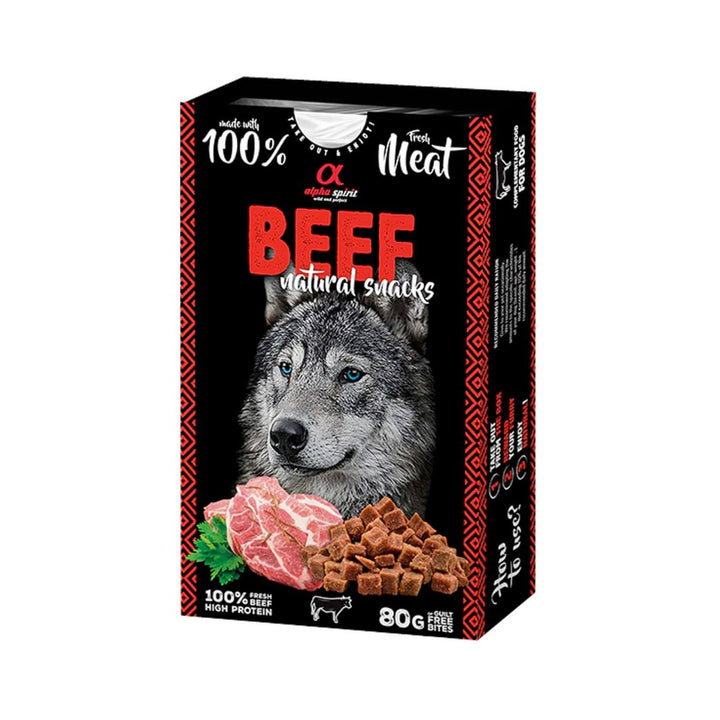 Alpha Spirit Beef Dog Treats in 80g packaging, natural and high-protein, perfect for all dog breeds and ages.