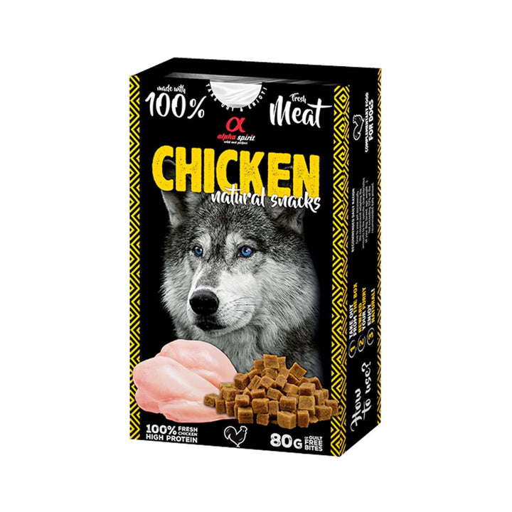 Alpha Spirit Chicken Dog Treats in 80g packaging, natural and high-protein, perfect for all dog breeds and ages.