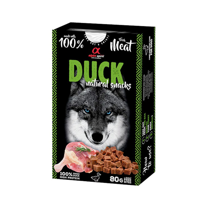 Alpha Spirit Duck Dog Treats in 250g packaging, natural and high-protein, perfect for all dog breeds and ages.